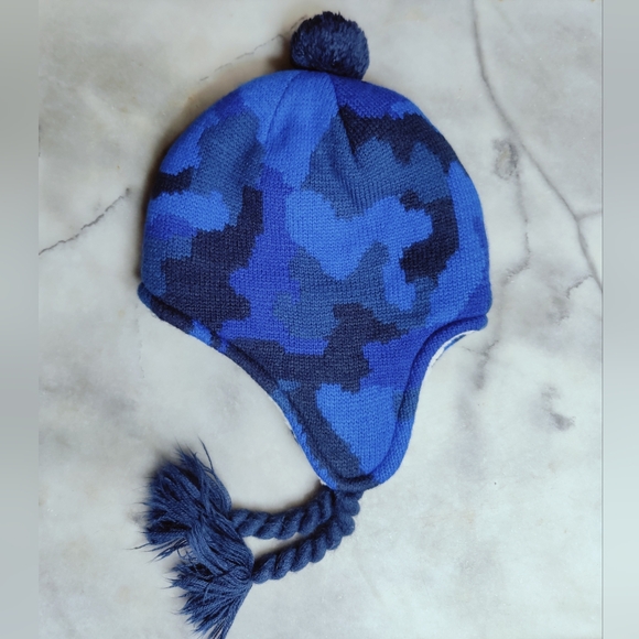 Lands' End Boys' Blue Camouflage Winter Peruvian Snow Ski Hat Beanie, Sz M-L - Picture 2 of 5